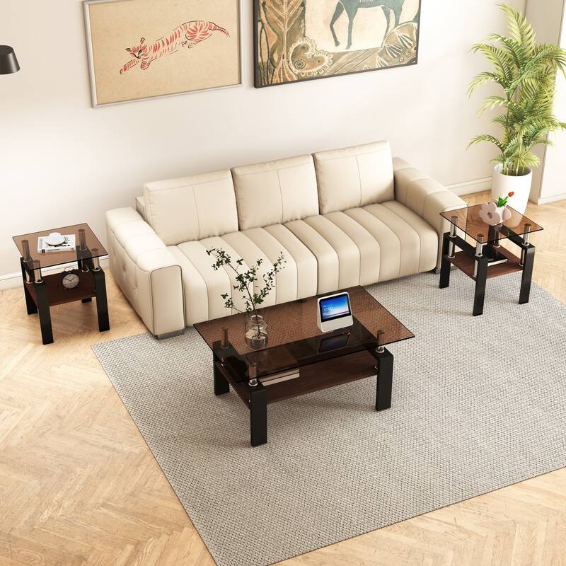 Set of 2, Modern Tempered Glass Tea Table, Tempered Glass Tabletop with MDF Layer, Coffee Table, Square Table