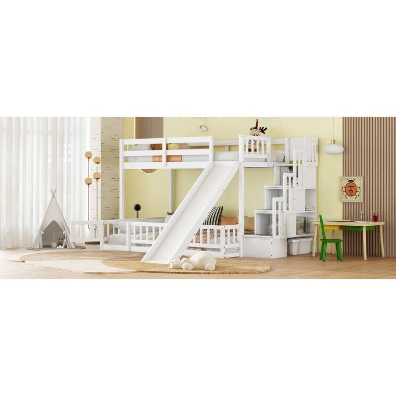 Roomfitters Twin Over Full Bunk Bed with Slide and Storage Staircase, Solid Pine Wood Bunk Bed with Guardrails