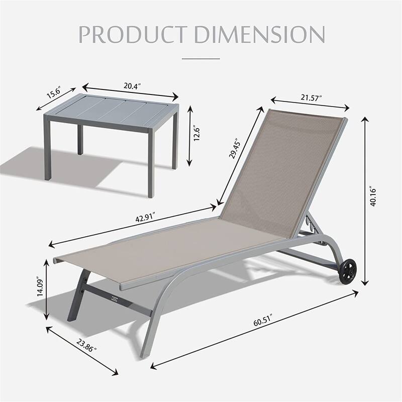 Chaise Lounge Set of 3, Lounge Chairs with Wheels, 5 Adjustable Position, Pool Lounge Chairs(2 Lounge Chairs+1 Table)