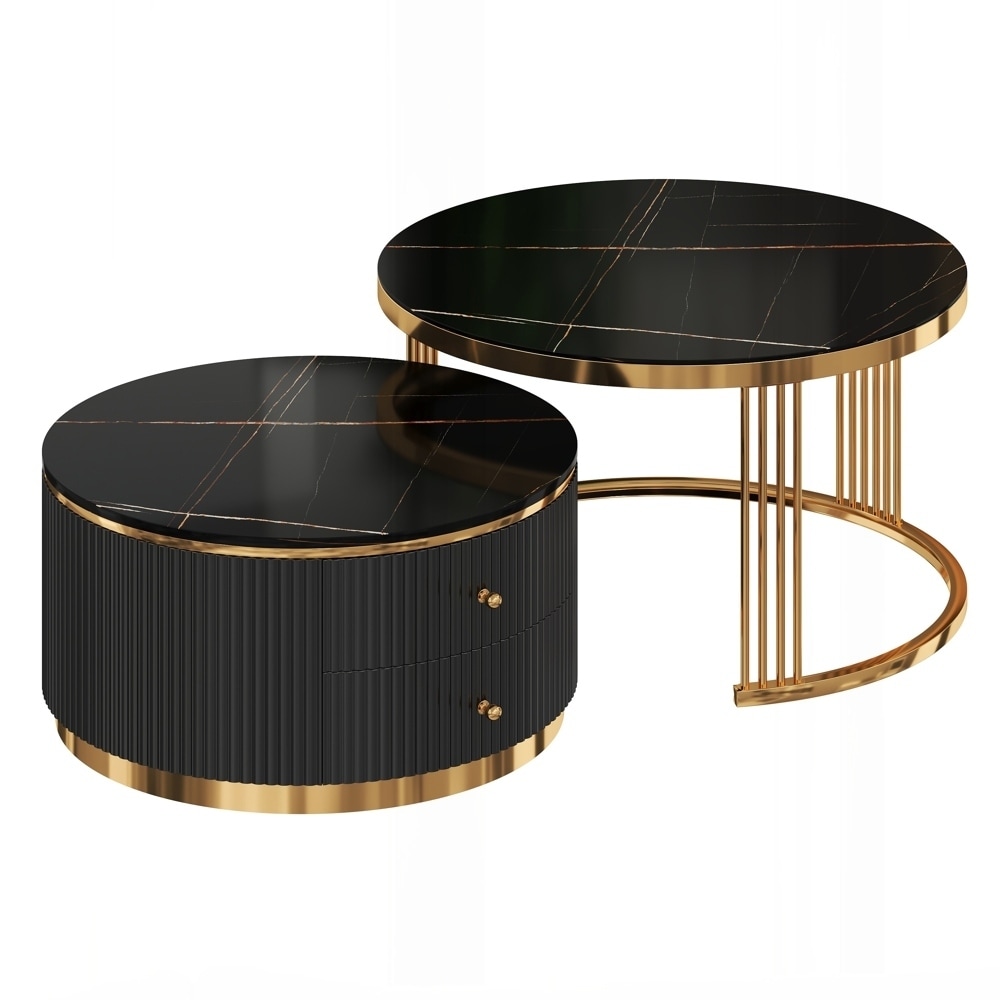2 Pieces Black Round Nesting Coffee Table with Drawers