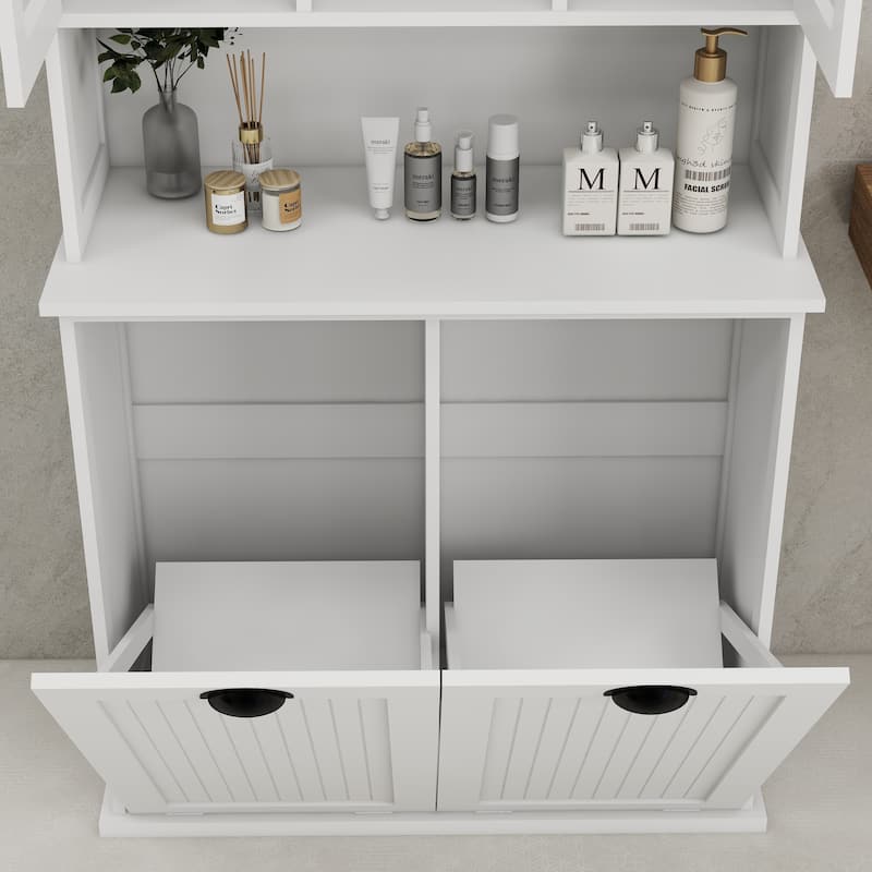 White 60 in. H Storage Cabinet, Two-Compartment Tilt-Out Dirty Laundry Basket Tall Bathroom Cabinet with 2 Adjustable Shelves