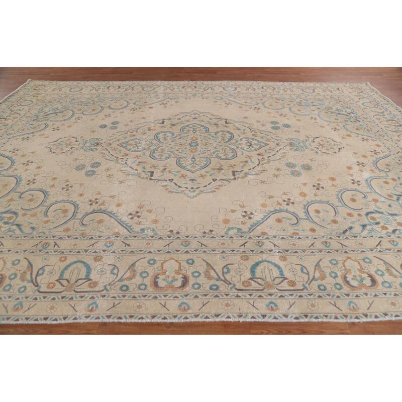 Hand Knotted Oriental 100% Wool Carpet Traditional Floral Beige & Ivories Tabriz Area Rug - 12' 7'' X 9' 5''
