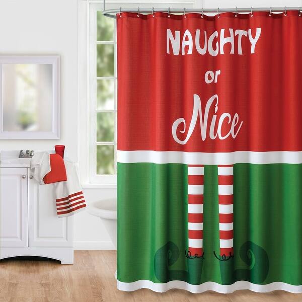 slide 2 of 3, Elf Naughty or Nice Christmas Holiday Fabric Shower Curtain 70x72