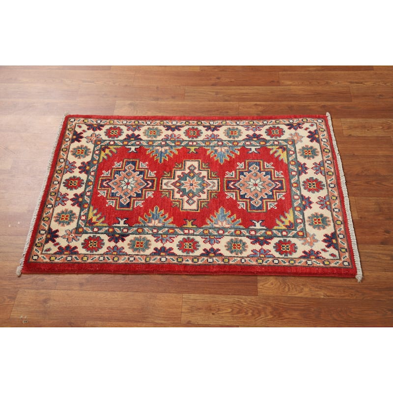 Hand Knotted Oriental 100% Wool Carpet Traditional Geometric Red Kazak Area Rug - 3' 0'' X 2' 0''