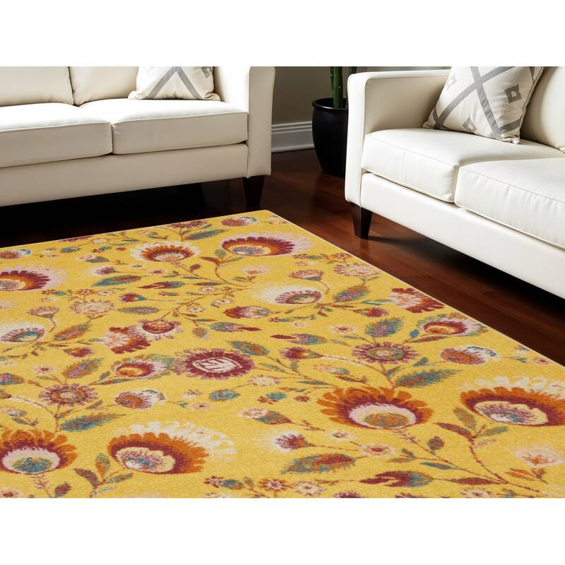 Power Loomed Floral Traditional Low Pile Area Rug - 118' X '94' X '0.25 - 118' X '94' X '0.25 - Yellow - Rectangle