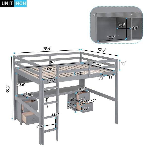 dimension image slide 0 of 2, Full Size Wood Loft Bed with Integrated Desk, Storage Cabinets, Drawers, Bedside Tray, and Charging Station