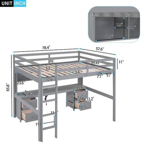 dimension image slide 1 of 2, Full Size Wooden High Loft Bed with Desk,Cabinets,Drawers&Bedside Tray, Built-in Desk with 2 Standard Plug Outlets & 2 USB Ports