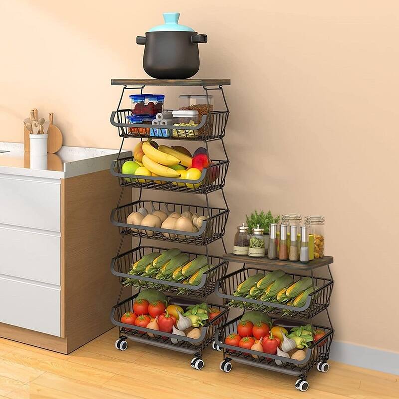 5/6-Tier Stackable Fruit Basket, Rolling Metal Cart with Wheels