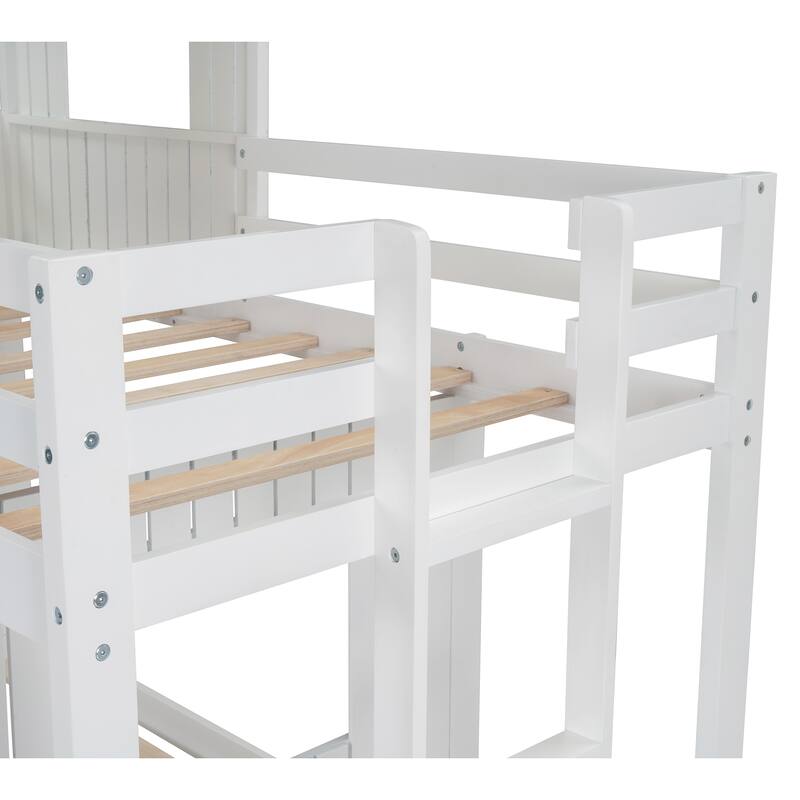 Twin Over Full Bunk Bed with Playhouse Design, Ladder & Guardrails