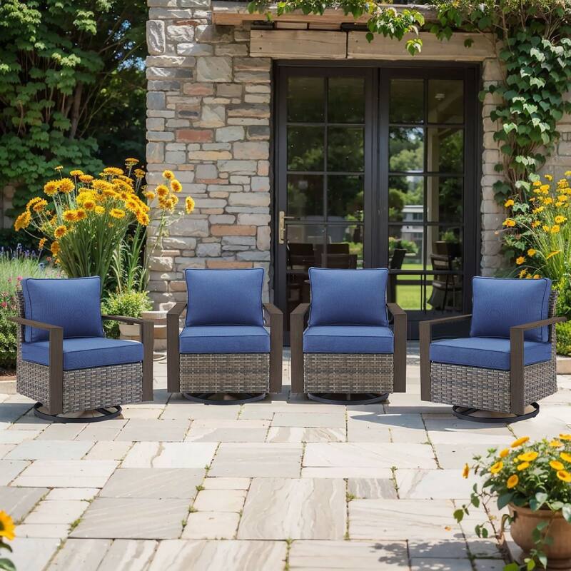 Pocassy 4 Pieces Outoor Swivel Chairs Glider Chair Set - Blue cushion - Gray Wicker