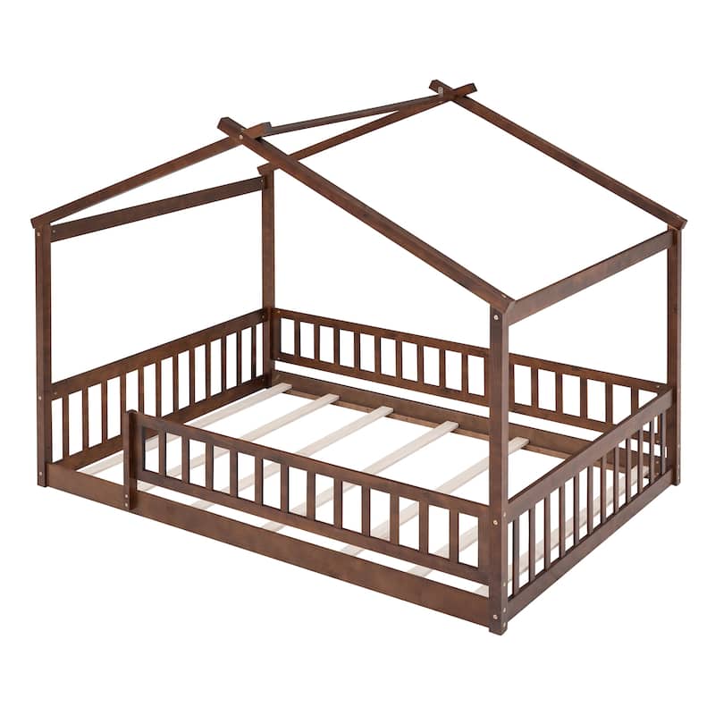 Wood Bed House Bed Frame with Fence for Kids
