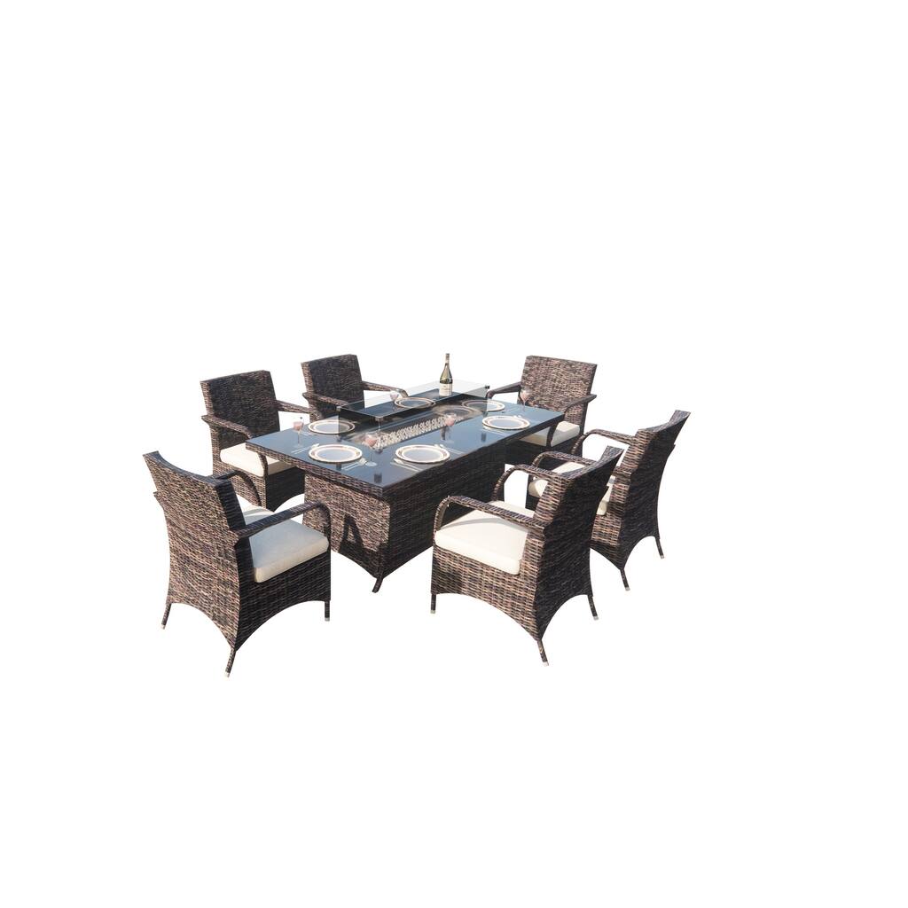 7 Pieces Outdoor Wicker Fire Pit Rectangle Table Dining Set 6 Chairs