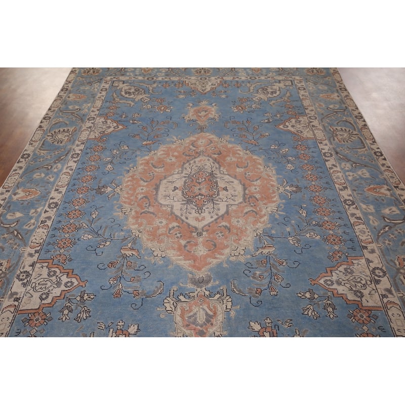 Blue Tabriz Persian Vintage Area Rug Handmade Wool Carpet - 6'11"x 10'9"