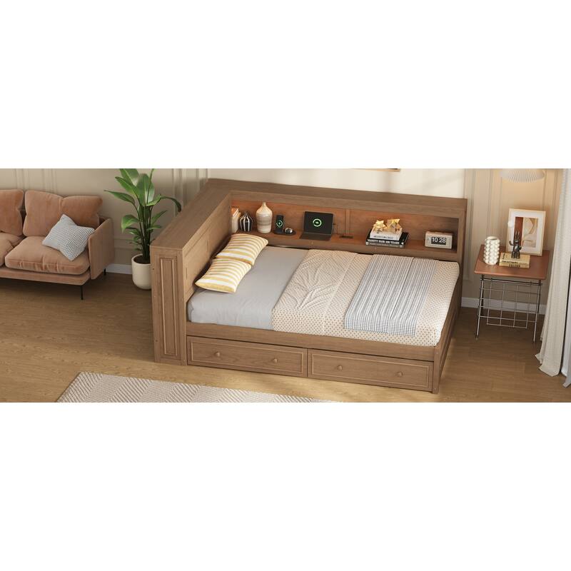 Full Size Wood Daybed with Storage Shelves, USB, LED, and 2 Drawers