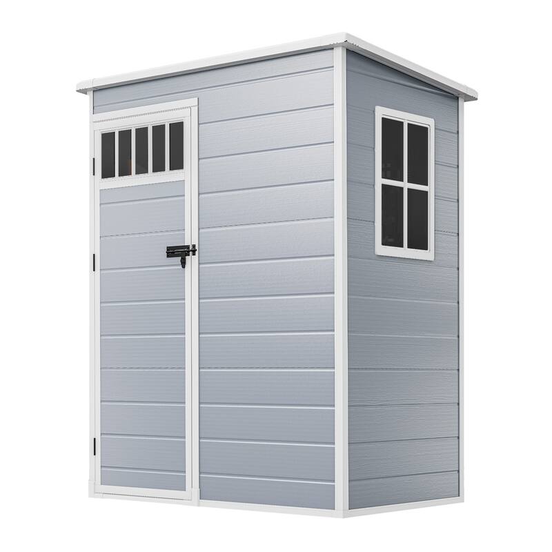 6x4.4 FT/5x3 FT Resin Storage Shed with Fence-Style and Side Windows - Light grey - 5x3 FT