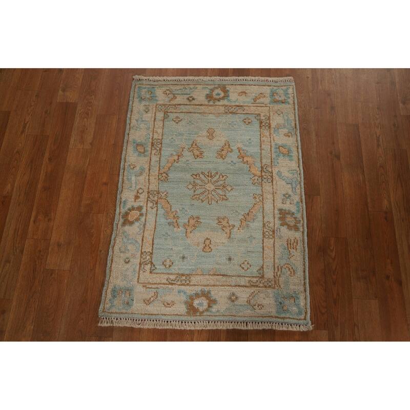 Hand Knotted Oriental 100% Wool Carpet Transitional Geometric Navy Blue & Blues Oushak Area Rug - 2' 11'' X 2' 1''
