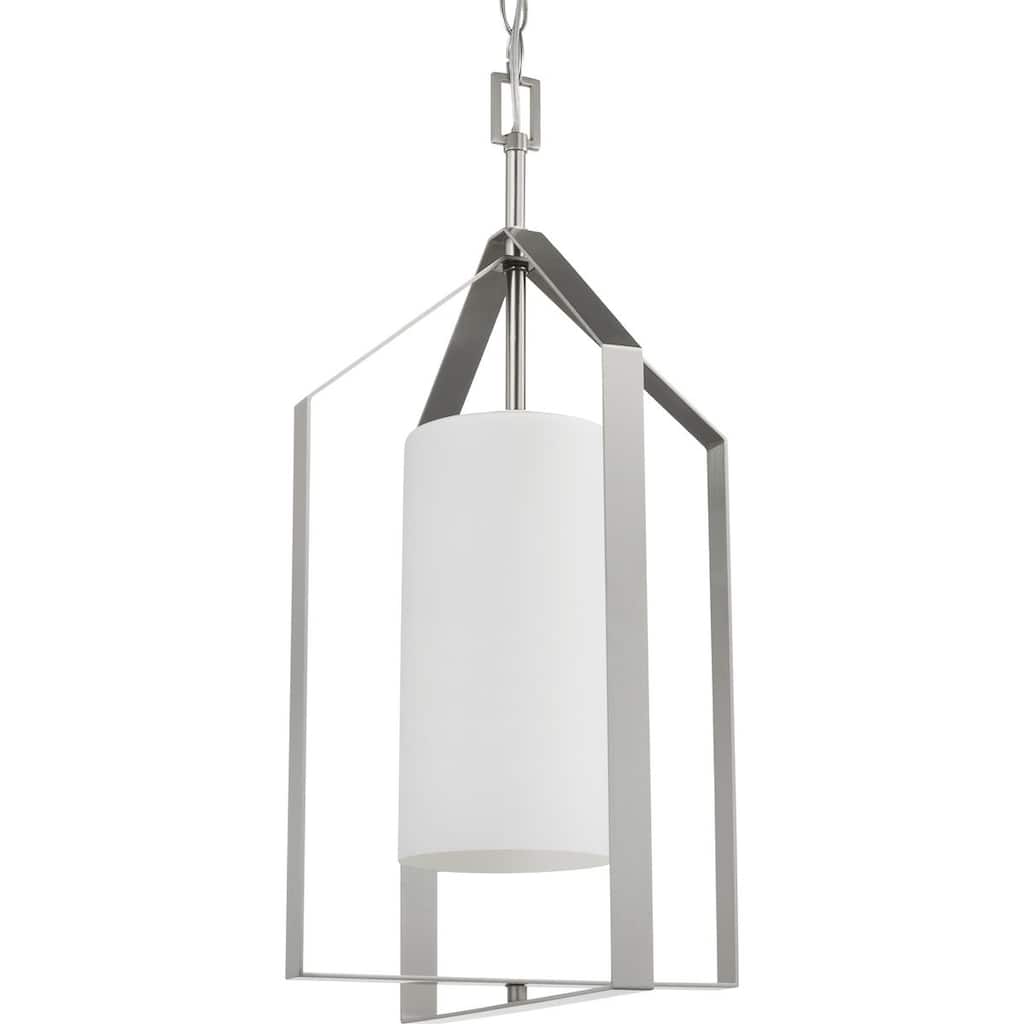 Vertex Collection One-Light Brushed Nickel Etched White Contemporary Foyer Light - 12 in x 12 in x 22.5 in