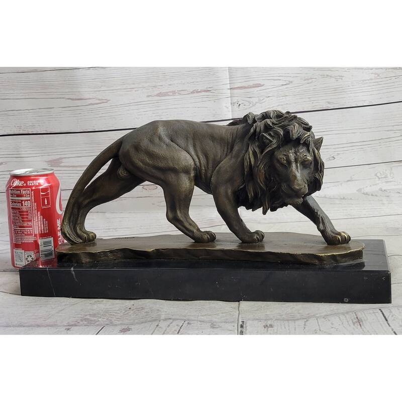 Male Lion Stalking Prey Bronze Sculpture Statue Signed Art On Marble Base