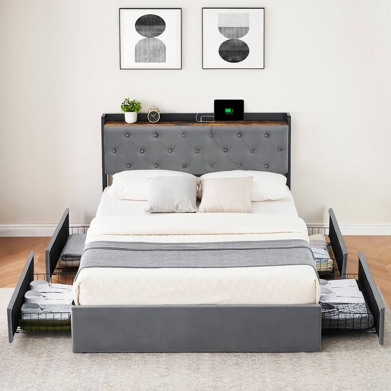 Bed Frame with Sturdy Metal Slats Support