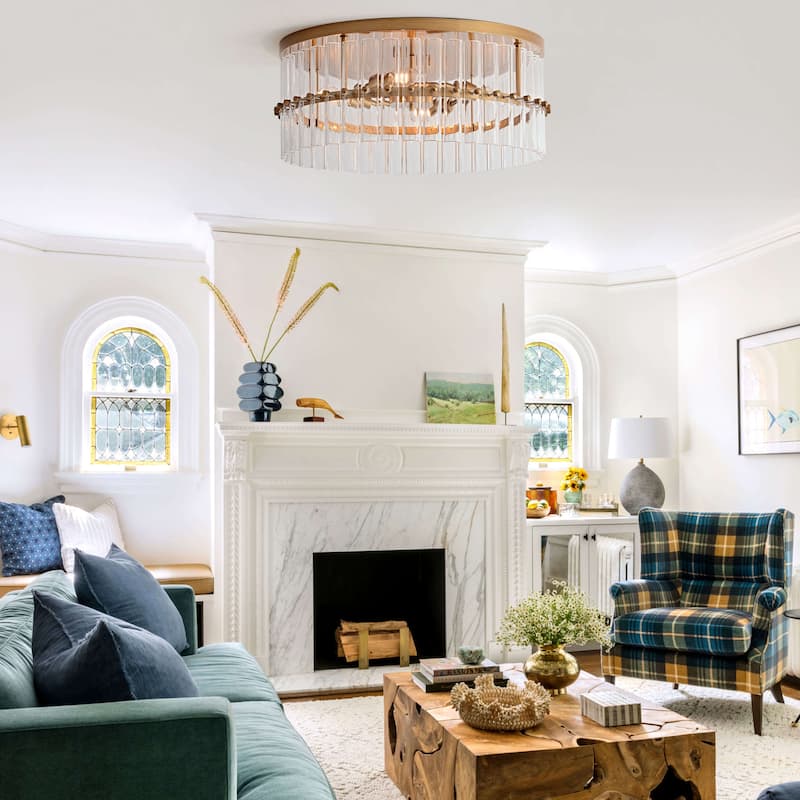 Casandra 18.7" 4-Light Hollow Half-cut Glass Drum Flush Mount - Brushed Brass