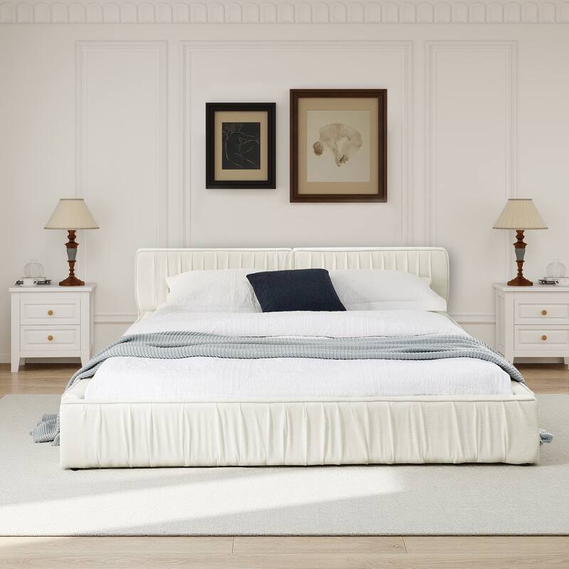 Queen Size Upholstered Bed Frame Chenille Platform Bed with Headboard and Solid Frame - Beige
