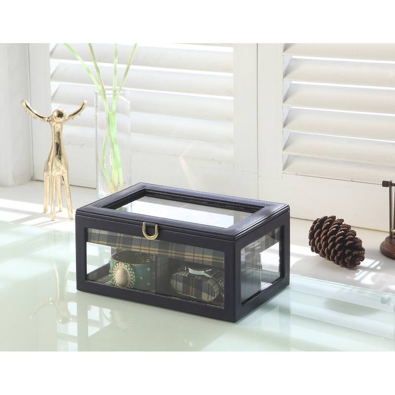 9.8" Long Tempered Glass and Leather Jewelry Case / Watch Display, Blue