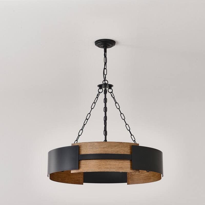 Farmhouse Drum Chandelier Wood Grain Rustic Industrial Round Metal Pendant Light
