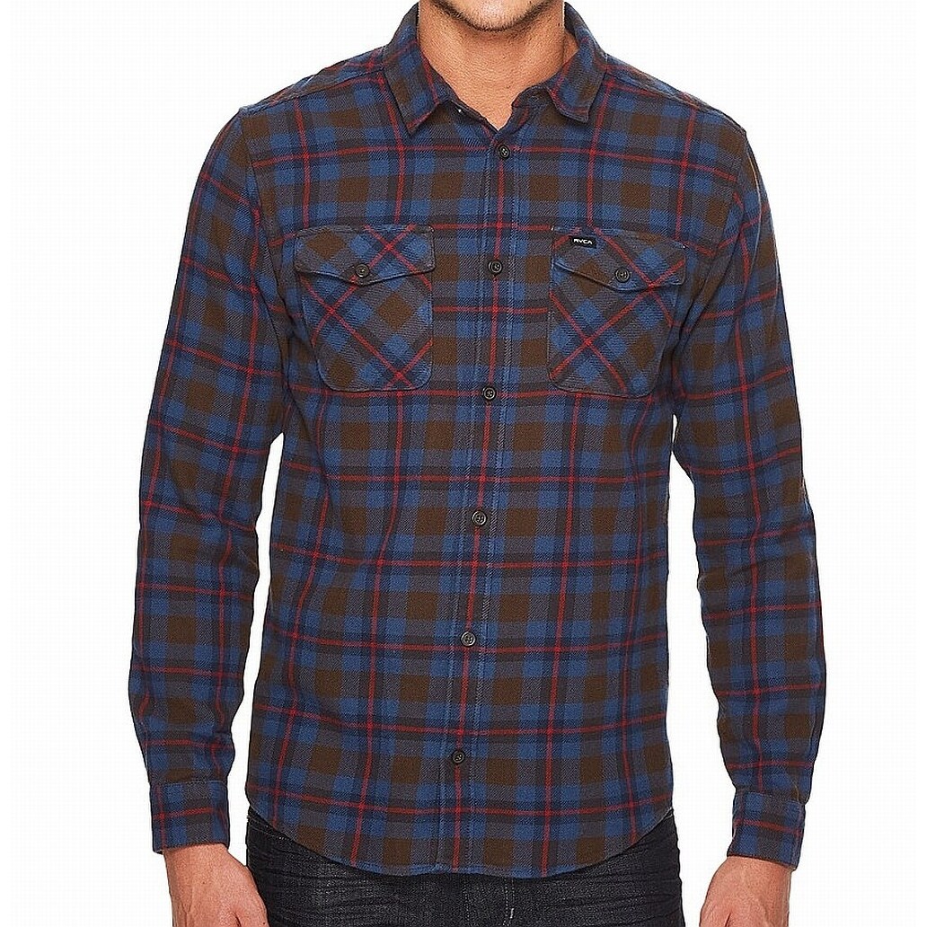 Men's Clothing RVCA BENDS L/S Red Grey Navy Plaid Button Down Flannel ...