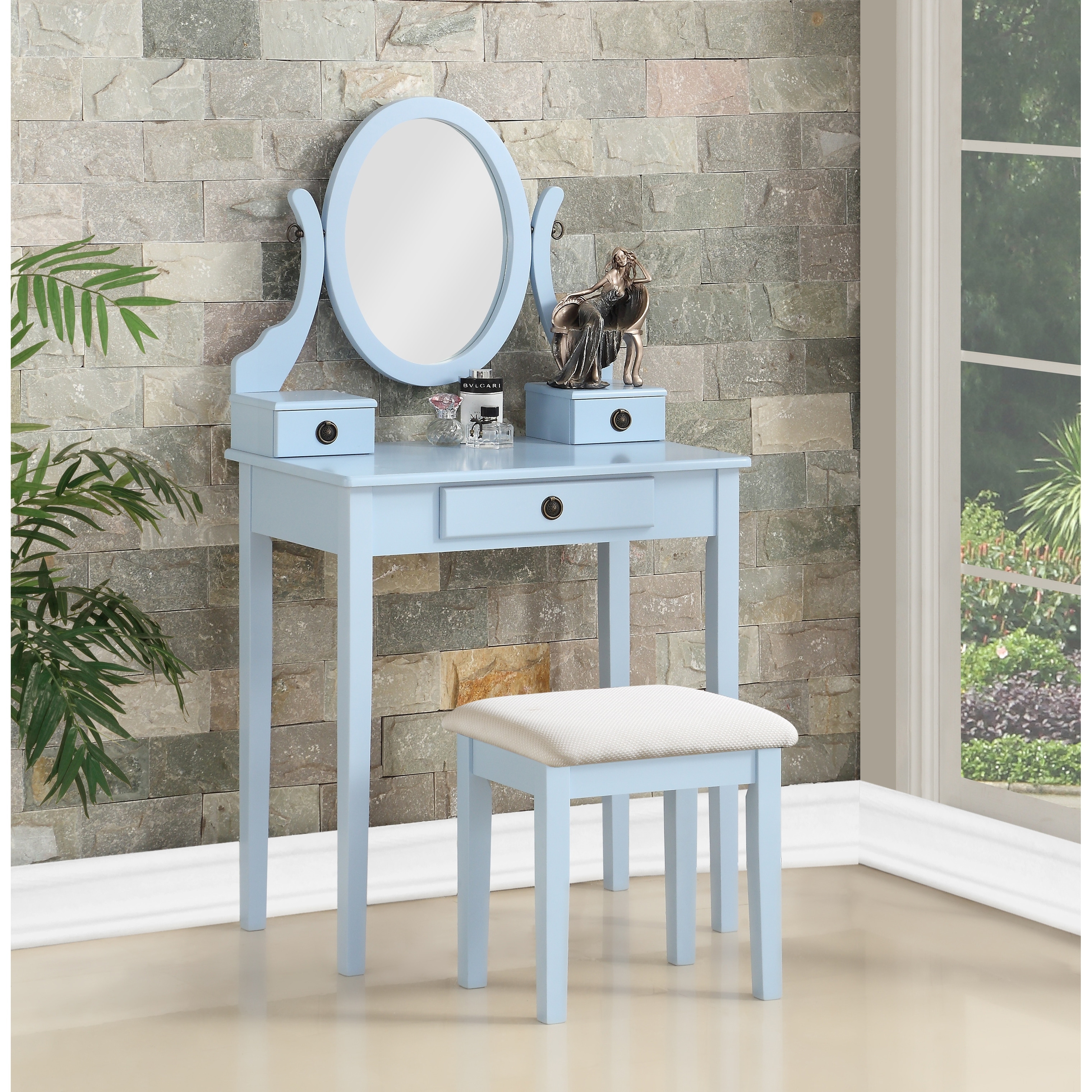 SHINY Furniture Wood Makeup Vanity Desk and Stool Set,Blue - On