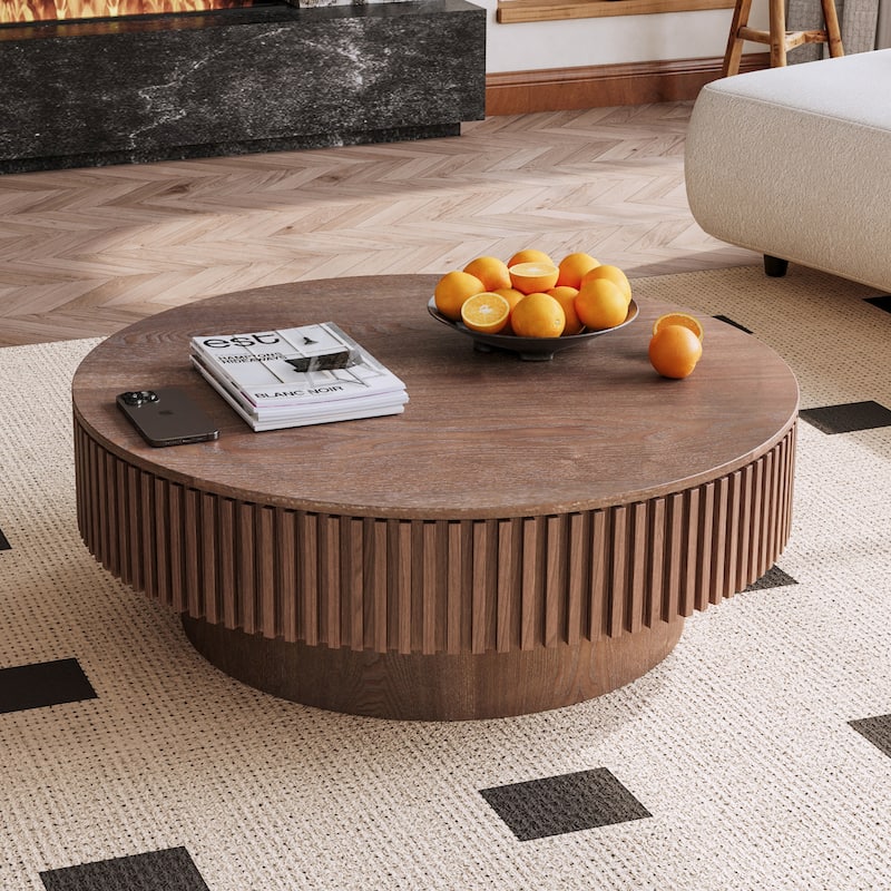 Modern Solid Wood Veneered Round/Oval Coffee Tea Table with Storage - Walnut-39.37"