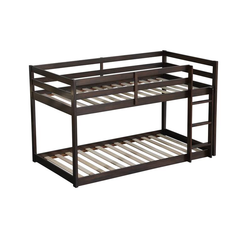 Wooden Twin over Twin Floor Bunk Bed with Ladder ,Upper and Bottom Bed Platforms