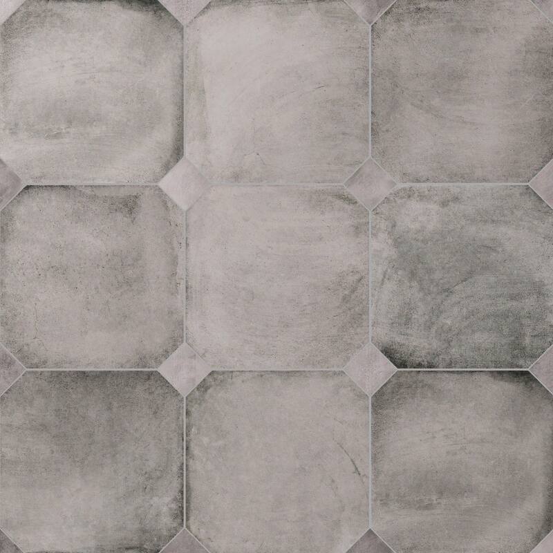 Merola Tile Laverton Octagon Gris with Taco Gris 7-7/8" x 7-7/8" Porcelain Floor and Wall Tile