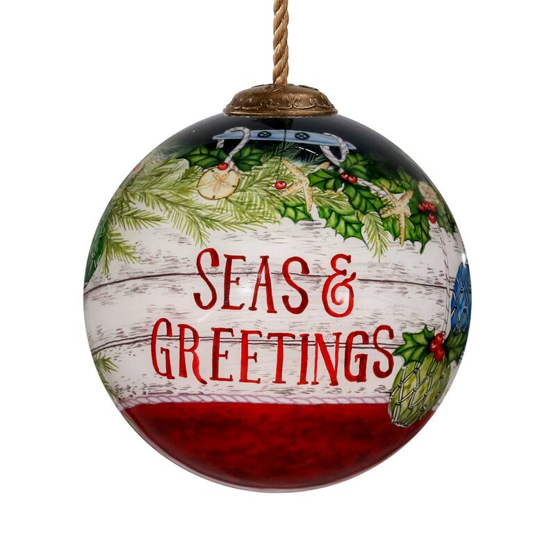 3" Green Red Buoy Seas Greetings Hand Painted Christmas Ornament