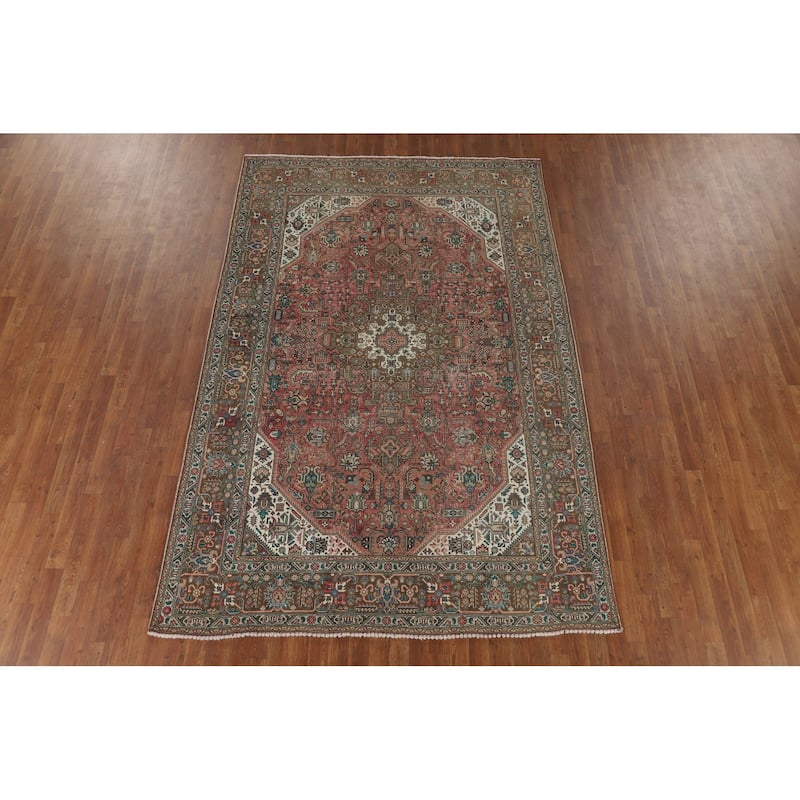Pink Geometric Tabriz Vintage Persian Area Rug Handmade Wool Carpet - 6'5" x 9'9"