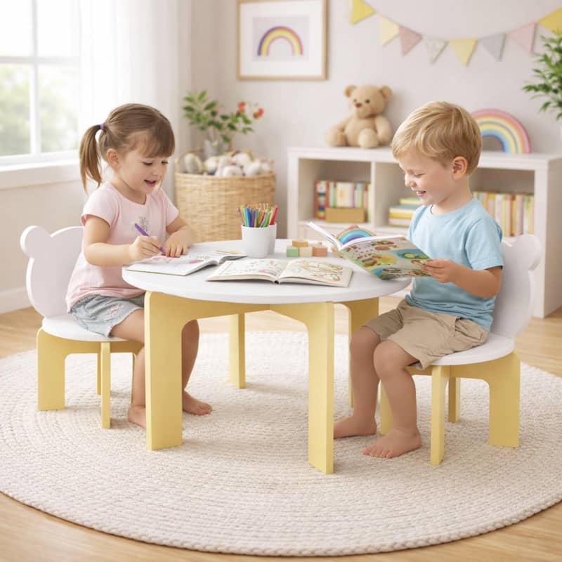 Kids Table and Chair Set, 3-Piece Toddler Table with 2 Chairs, Cute Bear-Back Chairs, Sturdy Wooden Activity Table Set