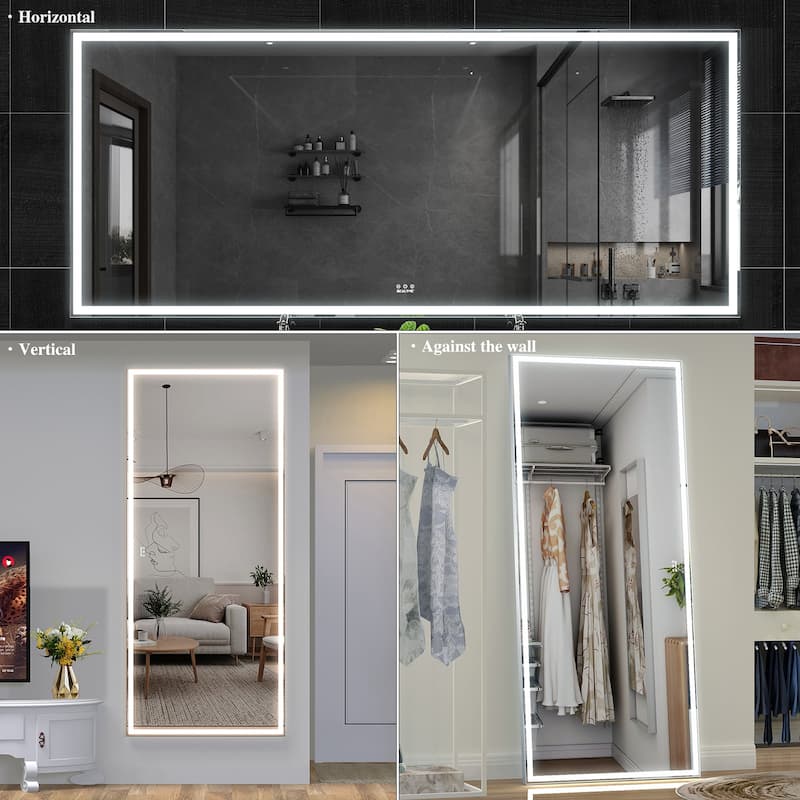 84 inches Rectangular Framed Dimmable Wall Mounted LED Bathroom Mirror in Silver
