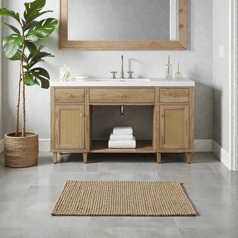 60" Bathroom Vanity with SMC Sink, Freestanding Single Sink Cabinet with Soft-Close Drawers, Tip-Out Tray & Rattan Doors