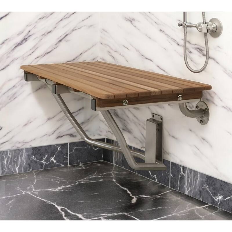 HomeRoots 28" Brown Premium Wall Mount Teak Shower Bench - 32"  W x 16"  D x 14"  H