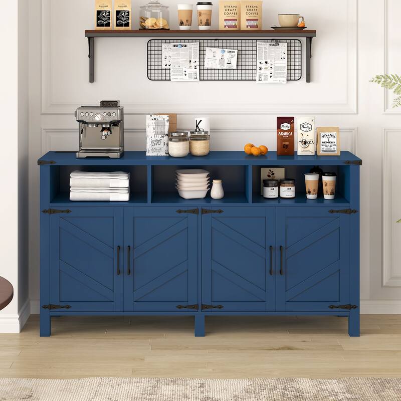 59" Modern 4-Door Sideboard Buffet with Power Outlets & USB Ports, Adjustable Shelves and Half-Open Storage Cabinet - Navy Blue