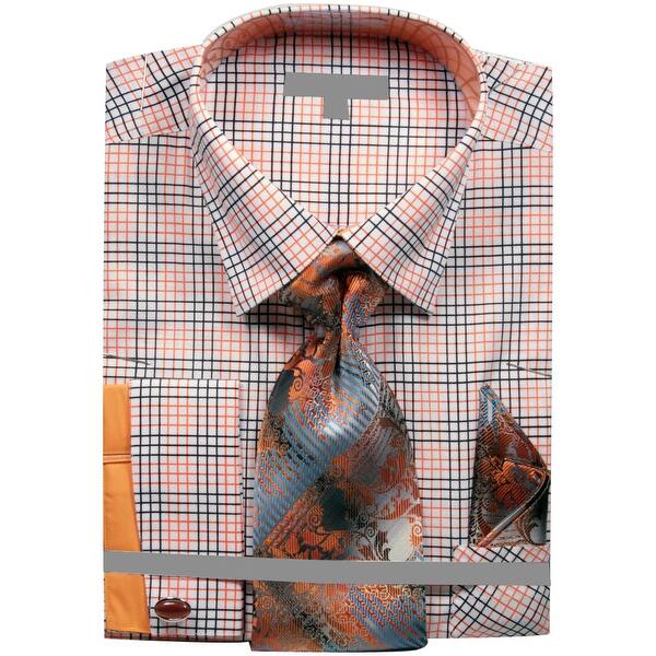 Men/'s Grid Checker Pattern French Cuff Shirt Tie Handkerchief Cuff Links
