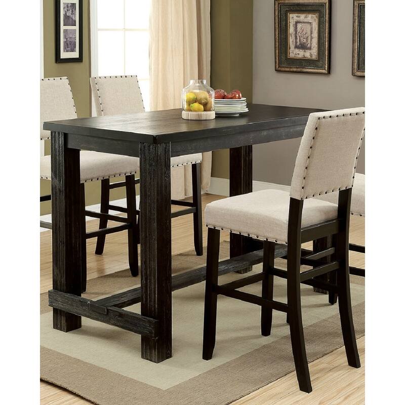 Antique Black Distressed Bar Table - High Counter Table with Center Beam & Footrest