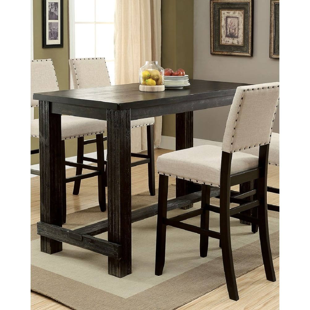 Antique Black Distressed Bar Table - High Counter Table with Center Beam & Footrest