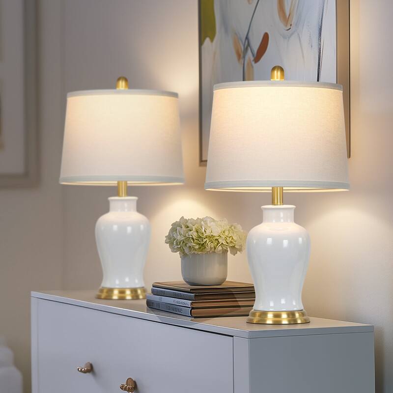 23-Inch Ceramic Ginger Jar Table Lamp with White Fabric Shade and LED Bulb