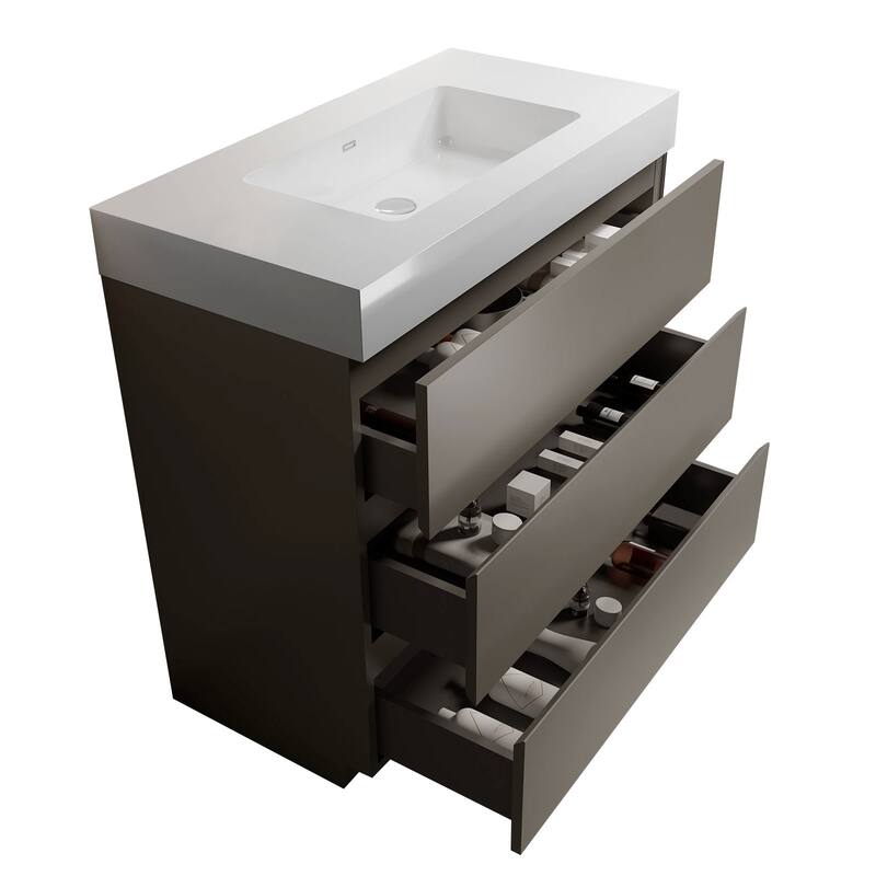 36" Grey Large Storage Freestanding Vanity for Modern Bathroom, One-Piece White Sink Basin without Drain and Faucet