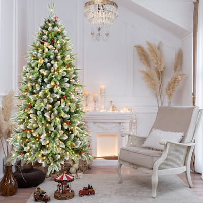 6ft Pre-Lit Christmas Tree with 380 LED Lights, 1264 Tips, Frosted Greenery with Red Berries & Natural Pinecones, Metal Stand