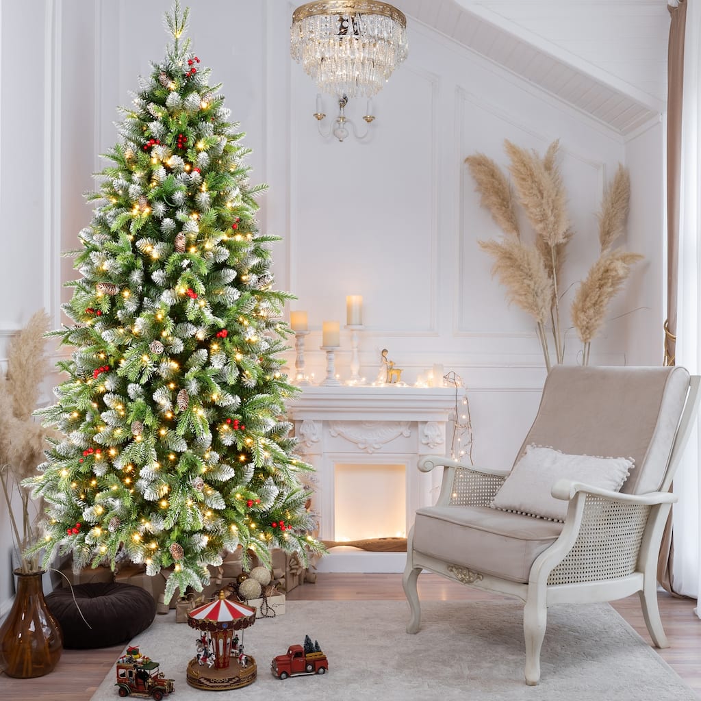 Pre-Lit Artificial Christmas Tree - Warm White LED Lights, Frosted Greenery, Red Berries, Pinecones, Metal Stand - Green