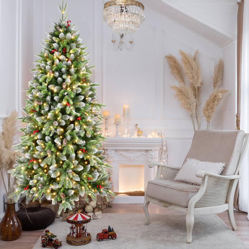 Pre-Lit Artificial Christmas Tree - Warm White LED Lights, Frosted Greenery, Red Berries, Pinecones, Metal Stand - Green