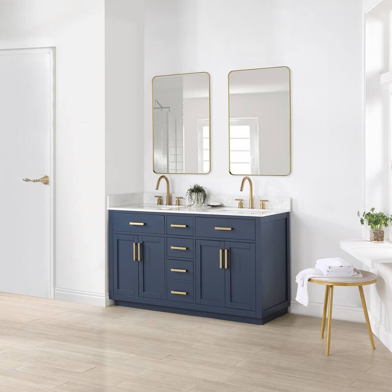 Altair Gavino Bath Vanity with Grain White Composite Stone Top and Mirror - 60 inch - Royal Bule+Brushed Gold