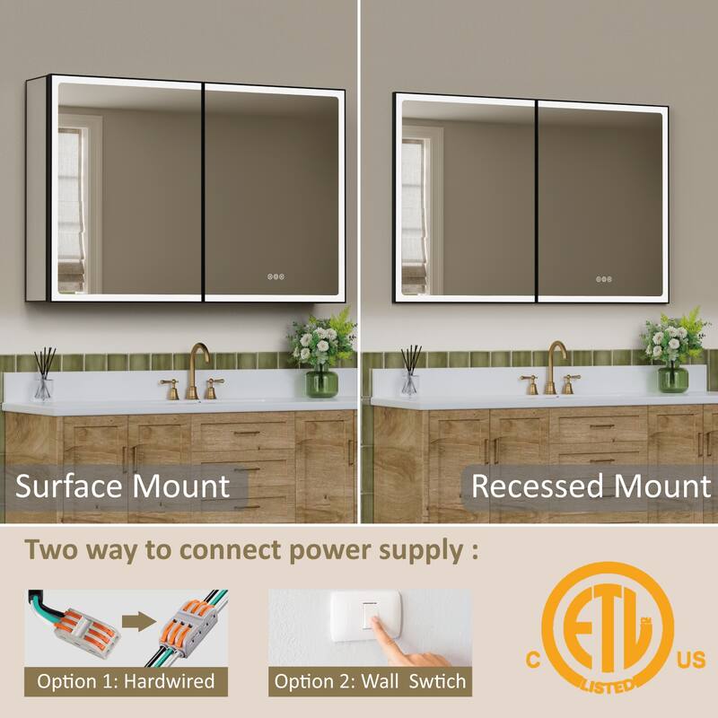 Grand Aluminum Medicine Cabinet with Mirror, Adjustable Shelves, Dimmable Light, Anti-Fog, Recessed or Wall Mount