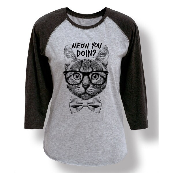 Meow You Doin Funny Glasses Bowtie Cat Humor Novelty Nerd Ladies Baseball Tee